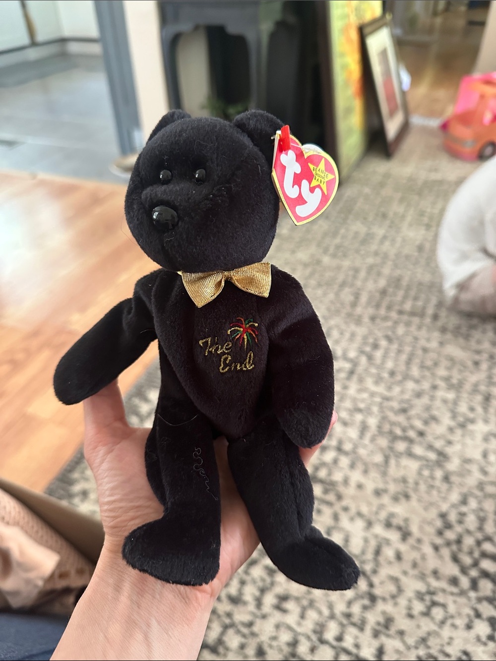 Ty Black Plush Bear with Gold Bow and Embroidered Detail